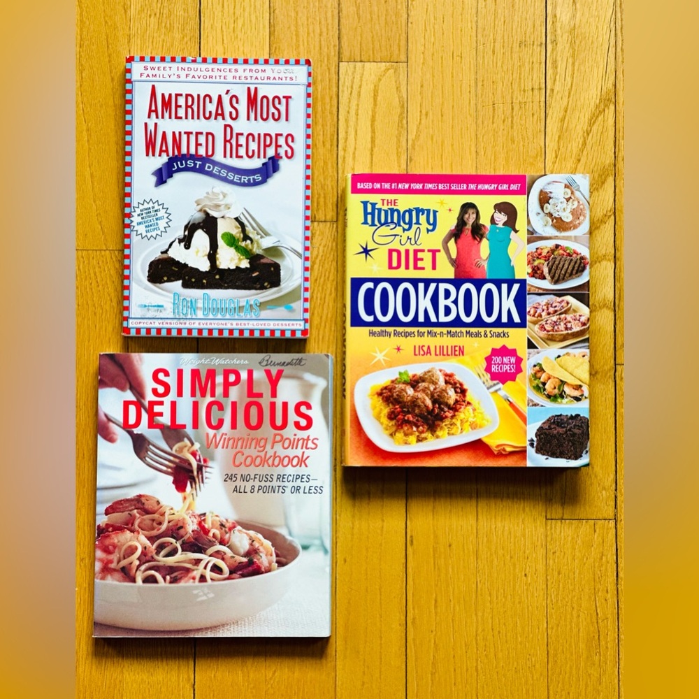3 Cookbooks Most Wanted Desserts, Hungry Girl, Simply Delicious Weight Watchers